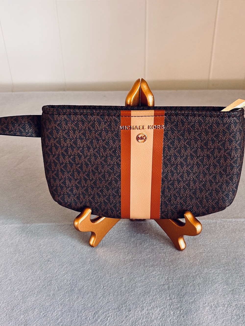 Michael Kors Brown Signature Logo Belt Bag with Tan and Cream Stripes NWT
